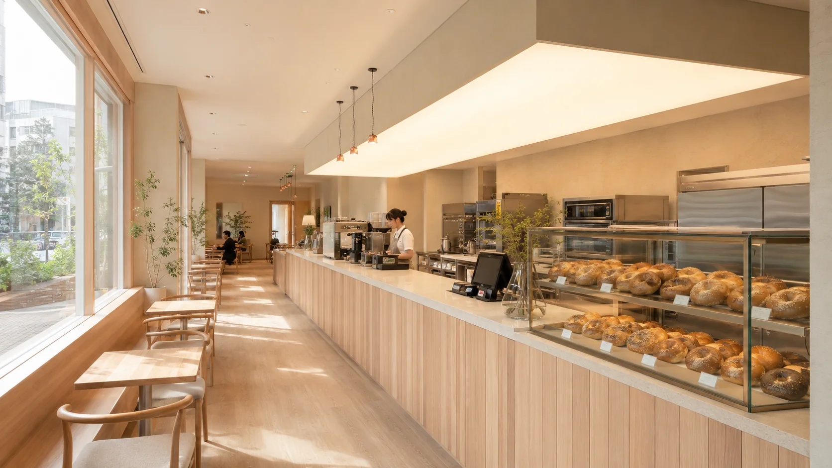 Barrington Square Bagel Bakery + Café，明亮木質吧台、烘焙展示櫃與窗邊座位