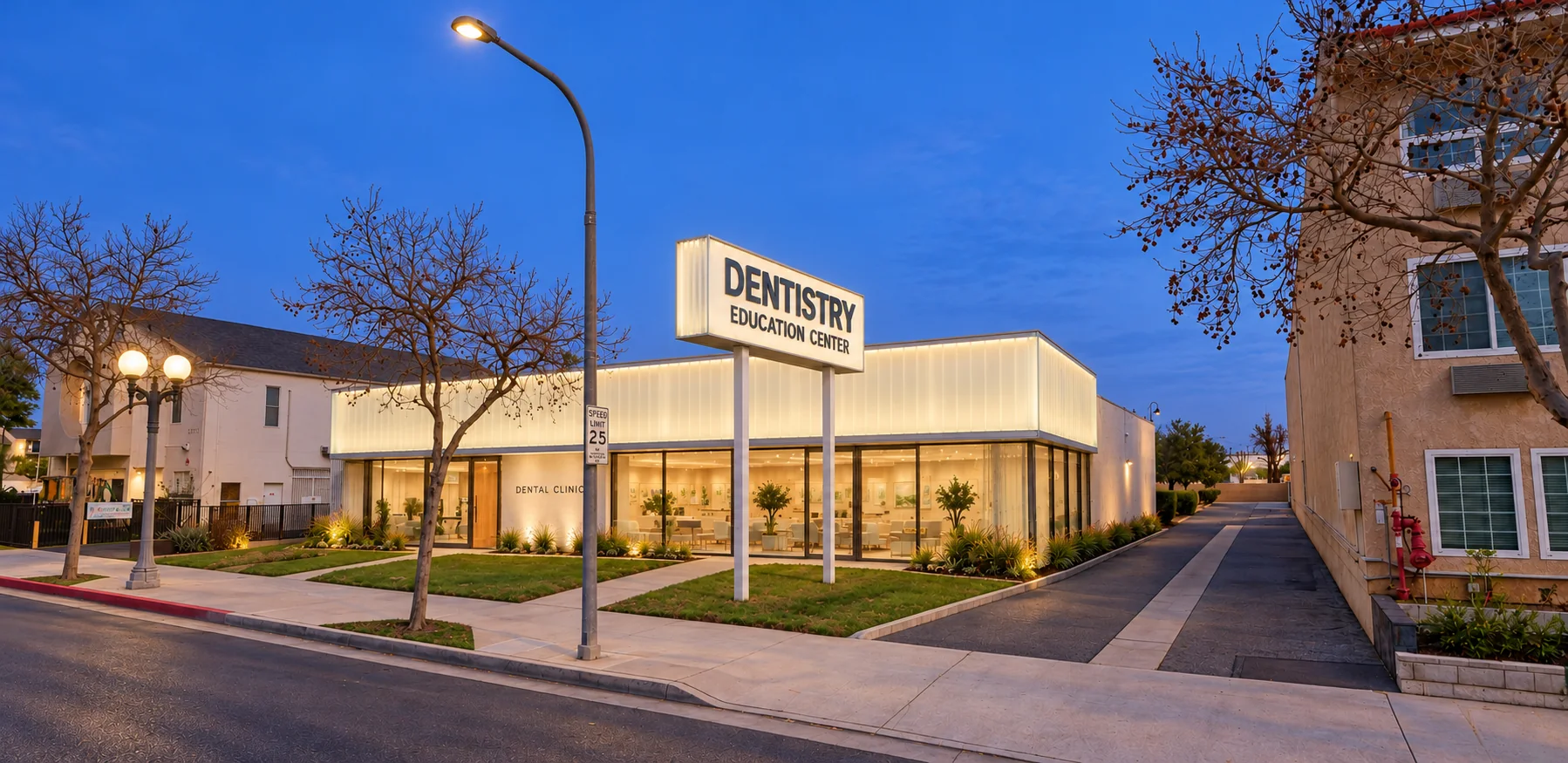 LA Cypress Dentistry 聯合牙醫診所外立面，藍調時刻的白色發光立面與街角立牌